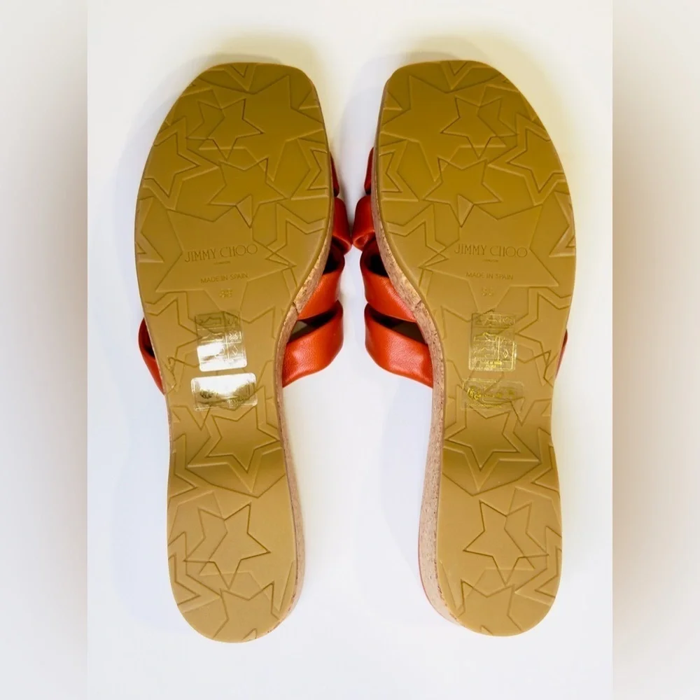 Jimmy Choo Maribou 50 Platform Wedge Slide Sandals Orange Napa Leather Size 38